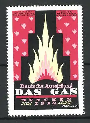 Künstler-Reklamemarke M. Schwarzer, München, Deutsche Ausstellung Das Gas 1914, lodernde Flamme