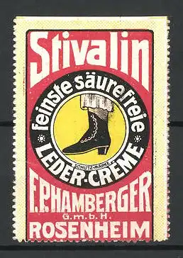 Reklamemarke Stivalin feinste säurefreie Leder-Creme, F. P. Hamberger GmbH Rosenheim, Frauenstiefel