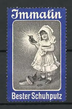 Reklamemarke Immalin bester Schuhputz, Mädchen mit glänzendem Schuh in der Hand, blau