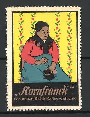 Reklamemarke Kornfranck das neuzeitliche Kaffee-Getränk, alte Dame mit einer Kaffeemühle