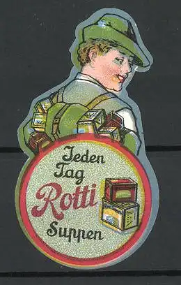 Reklamemarke Rotti jeden Tag Suppen, Pfadfinder mit Suppenwürfel im Rucksack
