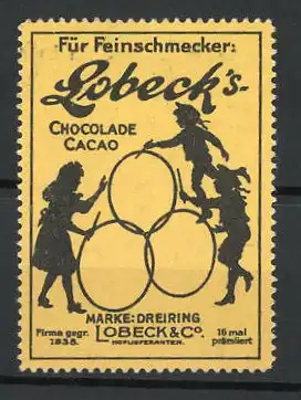 Reklamemarke Dreiring Lobeck's Chocolade & Cacao, Firma Lobeck & Co., Kinder spielen mit Reifen