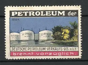 Reklamemarke Petroleum der Deutschen Petroleum Verkaufsgesellschaft, Petroleumtanks
