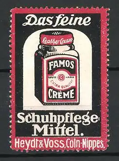 Reklamemarke Famos-Creme das feine Schuhpflege-Mittel, Heydt & Voss, Köln, Schuhcreme im Glas