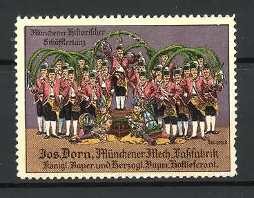 Reklamemarke Münchener historischer Schäfflertanz, Mitglieder in Trachten