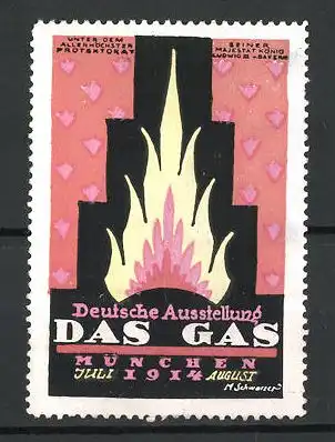 Künstler-Reklamemarke M. Schwarzer, München, Deutsche Ausstellung Das Gas 1914, lodernde Flamme