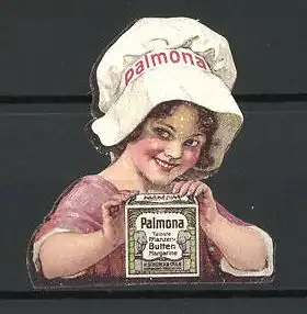 Reklamemarke Palmona Feinste Pflanzenbutter-Margarine, Mädchen mit Kochmütze und Margarineschachtel