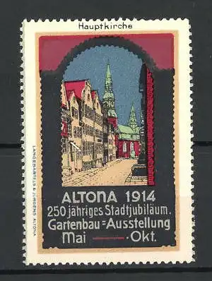 Reklamemarke Altona, Gartenbau-Ausstellung 1914, Strassenansicht mit Hauptkirche