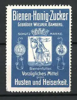 Reklamemarke Bienen-Honig-Zucker gegen Husten und Heiserkeit, Gebr. Wiesner, Bamberg, Wappen mit Ritter