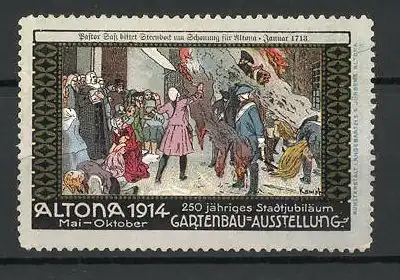 Künstler-Reklamemarke Altona, Gartenbau-Ausstellung 1914, Pastor Sass bittet Steenbock um Schonung Altonas 1713