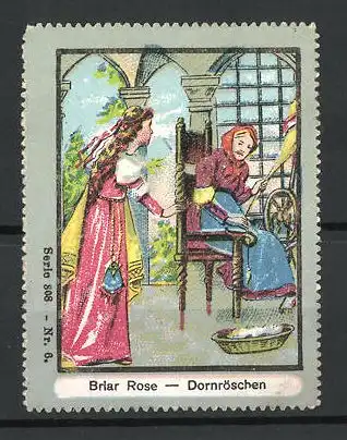 Reklamemarke Märchen-Serie 308, Bild 6, Dornröschen / Briar Rose, alte Frau am Spinnrad