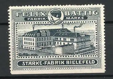 Reklamemarke Stärke-Fabrik Felix Battig, Bielefeld, Ansicht der Fabrik