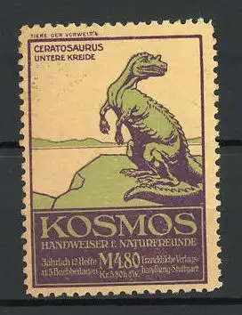 Reklamemarke Kosmos Handweiser f. Naturfreunde, Serie: Tiere der Vorwelt, Bild 4, Ceratosaurus, untere Kreide