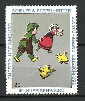 Reklamemarke Serie: Bild 20, Scheuer's Doppel-Ritter Kaffee-Zusatz im Hufeisenpäckl, Kinder flüchten vor Küken