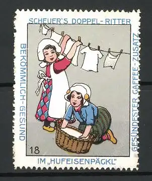 Reklamemarke Serie: Bild 18, Scheuer's Doppel-Ritter Kaffee-Zusatz im Hufeisenpäckl, Mädchen hängen Wäsche auf