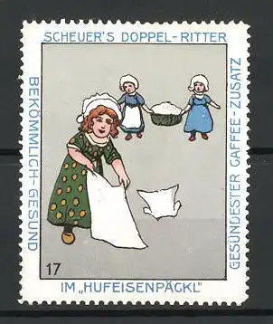 Reklamemarke Serie: Bild 17, Scheuer's Doppel-Ritter Kaffee-Zusatz im Hufeisenpäckl, Waschfrauen mit Wäschekorb