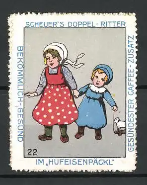Reklamemarke Serie: Bild 22, Scheuer's Doppel-Ritter Kaffee-Zusatz im Hufeisenpäckl, Mädchen mit Spielzeug