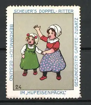 Reklamemarke Serie: Bild 24, Scheuer's Doppel-Ritter Kaffee-Zusatz im Hufeisenpäckl, winkende Mädchen