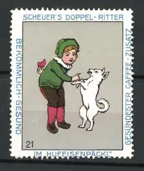 Reklamemarke Serie: Bild 21, Scheuer's Doppel-Ritter Kaffee-Zusatz im Hufeisenpäckl, Knabe füttert einen Hund