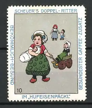 Reklamemarke Serie: Bild 10, Scheuer's Doppel-Ritter Kaffee-Zusatz im Hufeisenpäckl, Puppenmutti mit Kinderwagen