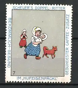 Reklamemarke Serie: Bild 7, Scheuer's Doppel-Ritter Kaffee-Zusatz im Hufeisenpäckl, Puppenmutti mit Hund