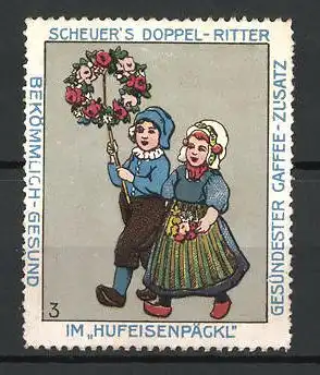 Reklamemarke Serie: Bild 3, Scheuer's Doppel-Ritter Kaffee-Zusatz im Hufeisenpäckl, Kinderpaar mit Blumenkranz
