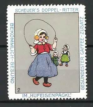 Reklamemarke Serie: Bild 2, Scheuer's Doppel-Ritter Kaffee-Zusatz im Hufeisenpäckl, Mädchen hüpft mit einem Springseil