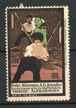 Künstler-Reklamemarke Otto Obermeier, Waffelfabrik Gebr. Hörmann, Dresden, Ausmisten des Stalles