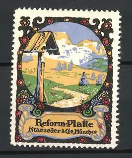 Künstler-Reklamemarke Sigmund von Suchodolski, Reform-Platte der Firma Kranseder & Cie., München, Gebirgslandschaft