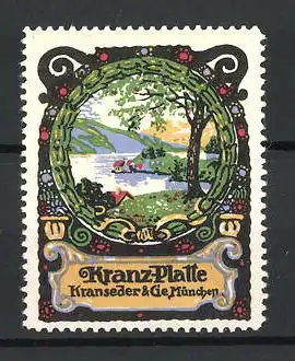 Künstler-Reklamemarke Sigmund von Suchodolski, Kranz-Platte der Firma Kranseder & Cie., München, Landschaftsbild