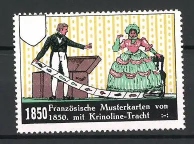 Reklamemarke Dame und Herr in Krinoline-Tracht um 1850, französische Musterkarten
