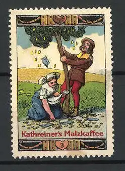 Reklamemarke Kathreiner's Malzkaffee, Märchen: Schlaraffenland, Bild 3, Paar schüttelt Goldmünzen vom Baum