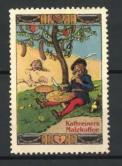 Reklamemarke Kathreiner's Malzkaffee, Märchen: Schlaraffenland, Bild 1, Mann isst unter einem Baum