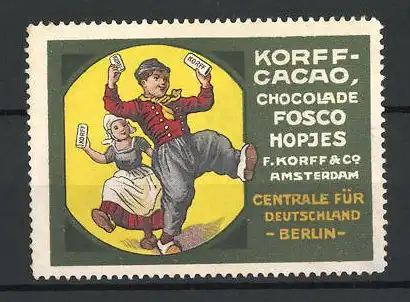 Reklamemarke Korff Cacao, Chocolade Fosco Hopjes, F. Korff & Co., Amsterdam, niederländisches Paar mit Kakao