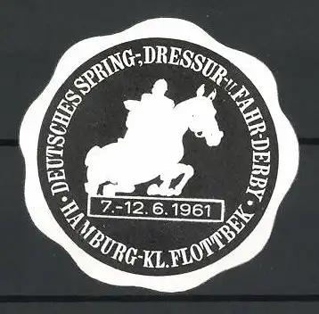 Präge-Reklamemarke Hamburg-Kl. Flottbek, Deutsches Spring-, Dressur- und Fahr-Derby 1961, Jockey auf seinem Pferd