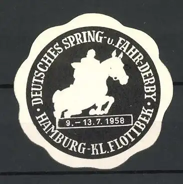 Präge-Reklamemarke Hamburg-Kl. Flottbek, Deutsches Spring-, Dressur- und Fahr-Derby 1961, Jockey auf seinem Pferd