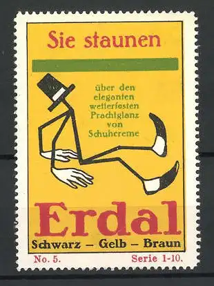 Reklamemarke Erdal Schuhcreme mit wetterfestem Prachtglantz, Serie 1-10, Bild 5, Figur blickt auf glänzende Schuhe