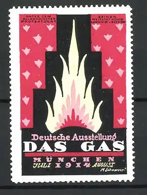 Künstler-Reklamemarke M. Schwarzer, München, Deutsche Ausstellung Das Gas 1914, lodernde Flamme, rot