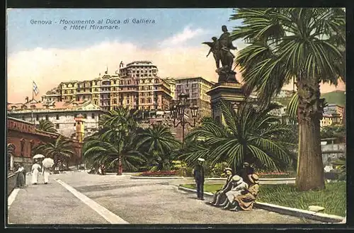 AK Genova, Monumento al Duca di Galliera e Hotel Miramare