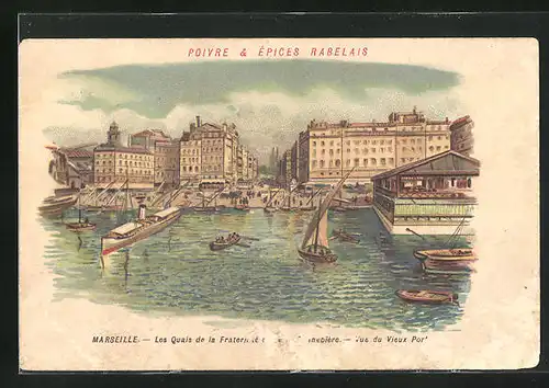 Lithographie Marseille, Les Quais de la Fraternité, Vue du Vieux Port