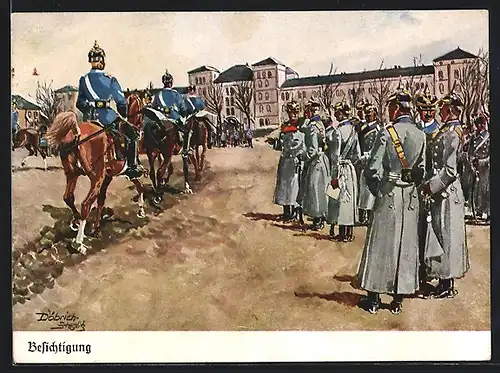 Künstler-AK Döbrich-Steglitz: Offiziere bei der Besichtigung ihrer Truppe