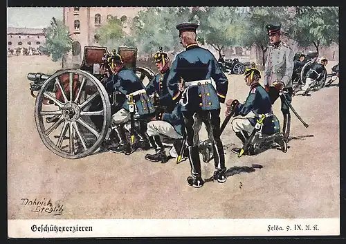 Künstler-AK Döbrich-Steglitz: Geschützexerzieren, Felda. 9. IX. Ulanen-Regiment