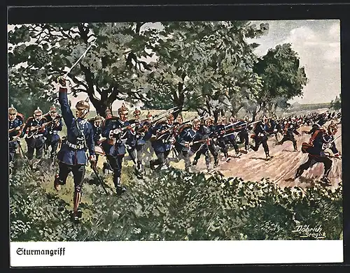 Künstler-AK Döbrich-Steglitz: Soldaten beim Sturmangriff