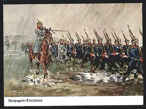 Künstler-AK Döbrich-Steglitz: Soldaten beim Kompanie-Exerzieren