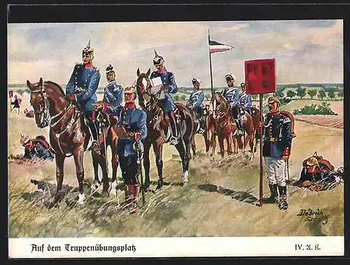 Künstler-AK Döbrich-Steglitz: Auf dem Truppenübungsplatz, IV. Armee Korps, Husaren, Ulanen, etc.