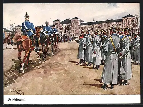 Künstler-AK Döbrich-Steglitz: Besichtigung, Offiziere inspizieren die Kavalleristen