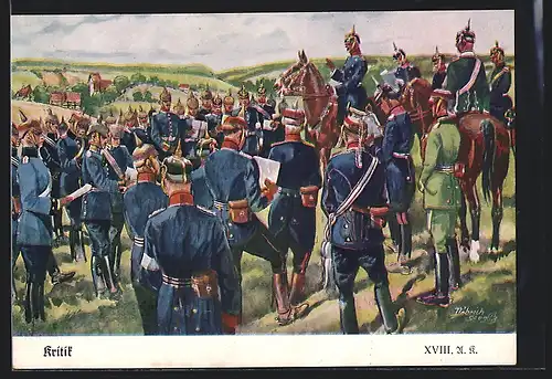 Künstler-AK Döbrich-Steglitz: Offiziere halten eine Manöver-Kritik ab