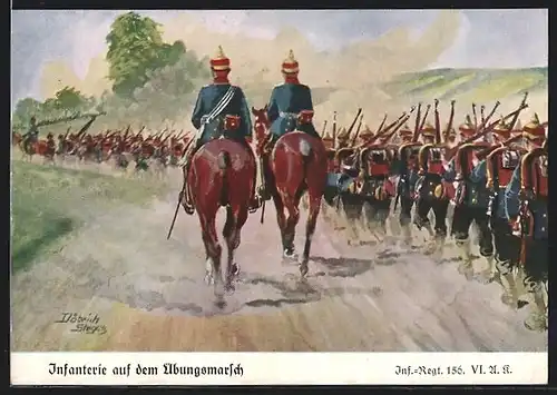 Künstler-AK Döbrich-Steglitz: Infanterie-Regiment 156 auf dem Übungsmarsch