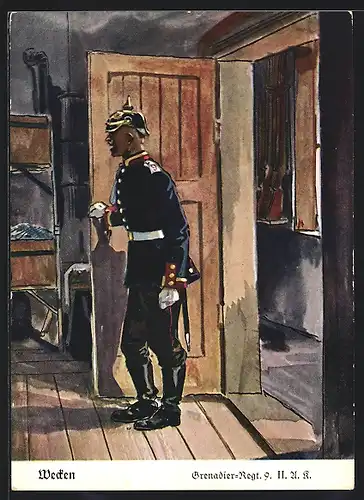 Künstler-AK Döbrich-Steglitz: Wecken beim Grenadier-Regt. 9