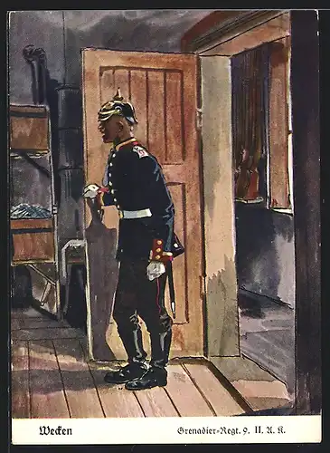 Künstler-AK Döbrich-Steglitz: Wecken, Grenadier-Regiment 9. II. U. R.